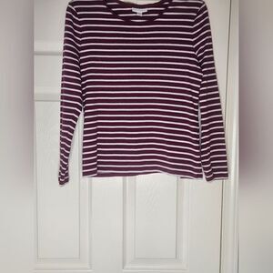 Charter Club L Striped Burgundy White Metalic Lngslv PIMA COTTON Blend Women Top